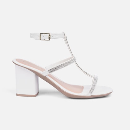 Sandália Feminina Salto Bloco E Tiras Finas Em Strass Off White