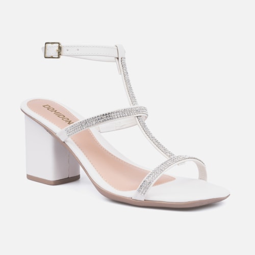 Sandália Feminina Salto Bloco E Tiras Finas Em Strass Off White