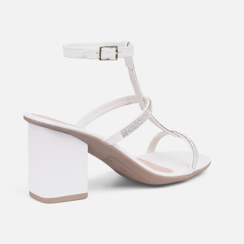 Sandália Feminina Salto Bloco E Tiras Finas Em Strass Off White