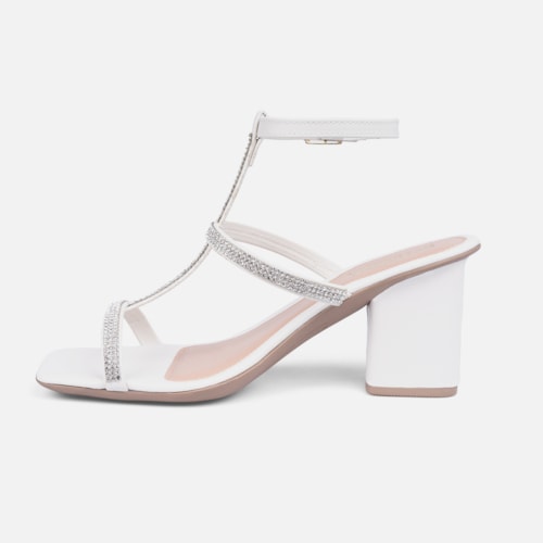 Sandália Feminina Salto Bloco E Tiras Finas Em Strass Off White