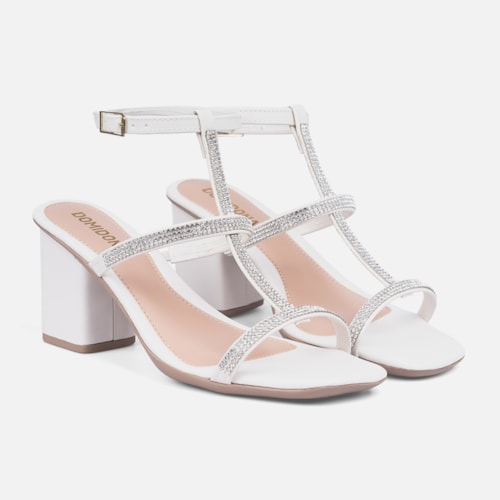 Sandália Feminina Salto Bloco E Tiras Finas Em Strass Off White