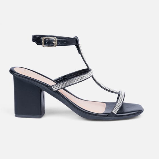 Sandália Feminina Salto Bloco E Tiras Finas Em Strass Preta