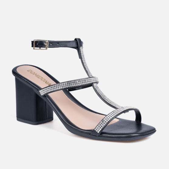 Segunda imagem do produto Sandália Feminina Salto Bloco E Tiras Finas Em Strass Preta
