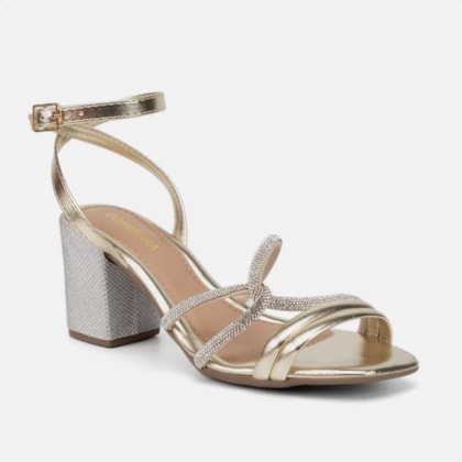 Segunda imagem do produto Sandália Feminina Salto Bloco Grosso Strass Tira Entrelaçada Dourado