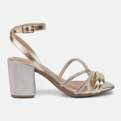 Sandália Feminina Salto Bloco Grosso Strass Tira Entrelaçada Dourado