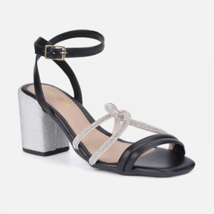Segunda imagem do produto Sandália Feminina Salto Bloco Grosso Strass Tira Entrelaçada Preto