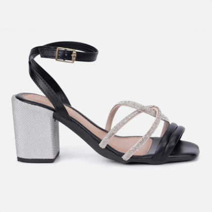 Sandália Feminina Salto Bloco Grosso Strass Tira Entrelaçada Preto