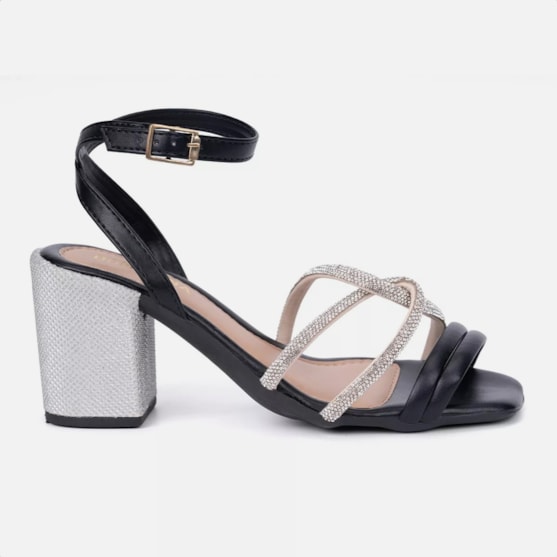 Sandália Feminina Salto Bloco Grosso Strass Tira Entrelaçada Preto