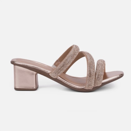 Sandalia Feminina Salto Bloco Grosso Tira Strass Grosso Brilho Cobre