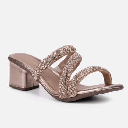 Segunda imagem do produto Sandalia Feminina Salto Bloco Grosso Tira Strass Grosso Brilho Cobre