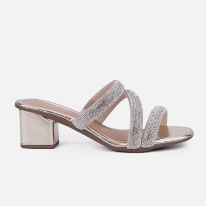 Sandalia Feminina Salto Bloco Grosso Tira Strass Grosso Brilho Dourada