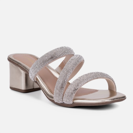 Segunda imagem do produto Sandalia Feminina Salto Bloco Grosso Tira Strass Grosso Brilho Dourada
