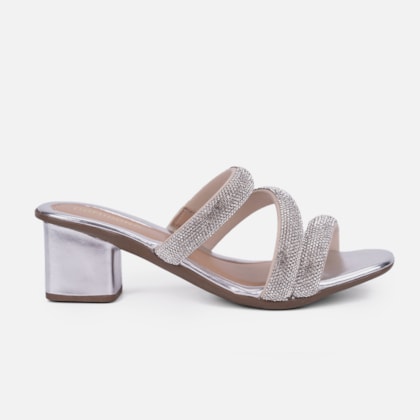 Sandalia Feminina Salto Bloco Grosso Tira Strass Grosso Brilho Prata