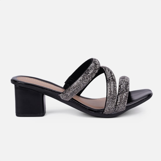 Sandalia Feminina Salto Bloco Grosso Tira Strass Grosso Brilho Preta