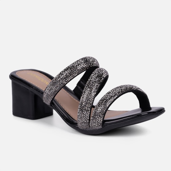 Segunda imagem do produto Sandalia Feminina Salto Bloco Grosso Tira Strass Grosso Brilho Preta