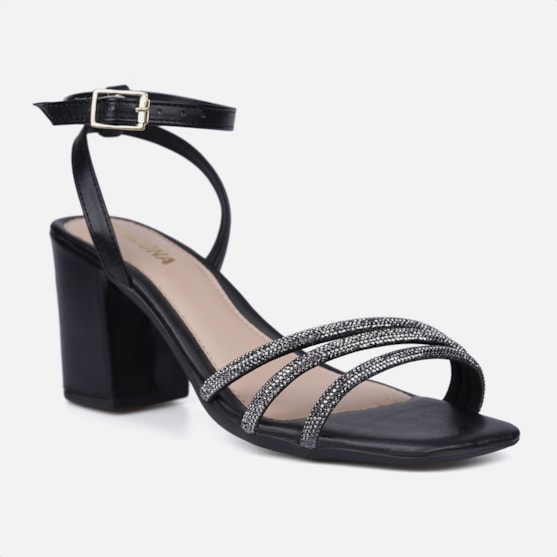 Segunda imagem do produto Sandália Feminina Salto Bloco Grosso Tiras Strass Brilho Preto