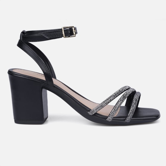 Sandália Feminina Salto Bloco Grosso Tiras Strass Brilho Preto
