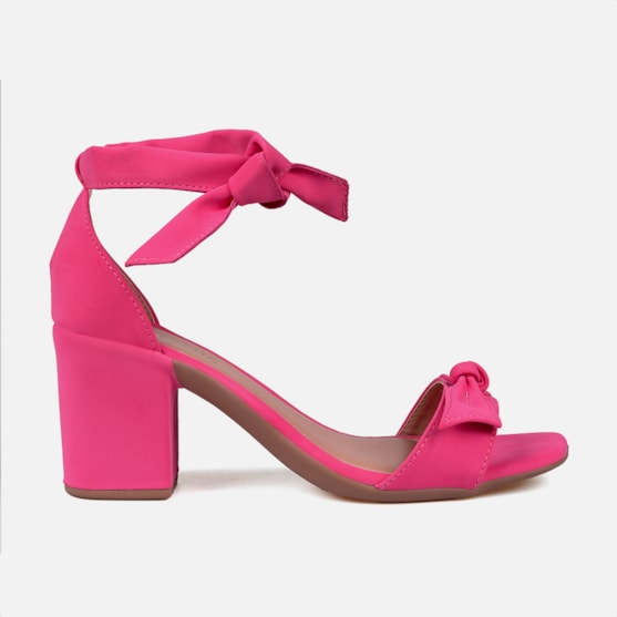 Sandália Feminina Salto Bloco Laço Bico Quadrado Tira Nó Tornozelo Pink