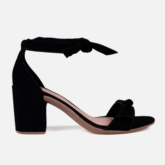 Sandália Feminina Salto Bloco Laço Bico Quadrado Tira Nó Tornozelo Preto