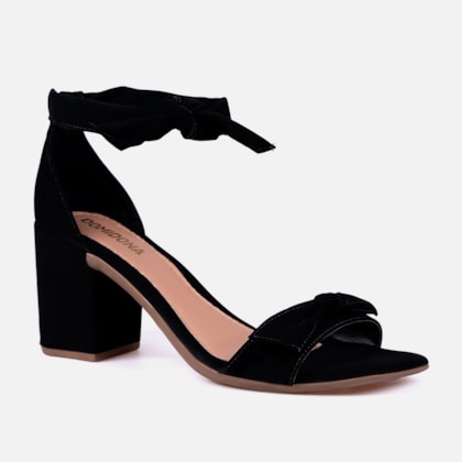 Segunda imagem do produto Sandália Feminina Salto Bloco Laço Bico Quadrado Tira Nó Tornozelo Preto