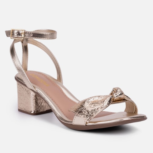 Sandália Feminina Salto Bloco Laço Com Textura Brilhante Moda Dourado