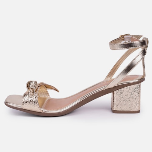 Sandália Feminina Salto Bloco Laço Com Textura Brilhante Moda Dourado