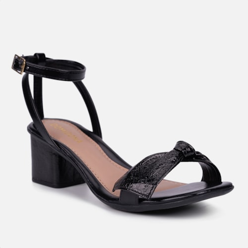 Sandália Feminina Salto Bloco Laço Com Textura Brilhante Moda Preta