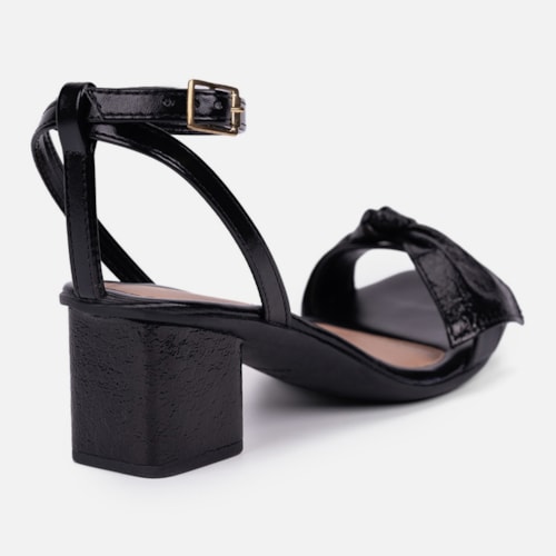 Sandália Feminina Salto Bloco Laço Com Textura Brilhante Moda Preta