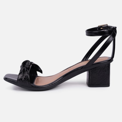 Sandália Feminina Salto Bloco Laço Com Textura Brilhante Moda Preta