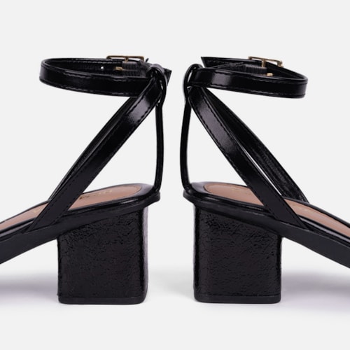 Sandália Feminina Salto Bloco Laço Com Textura Brilhante Moda Preta