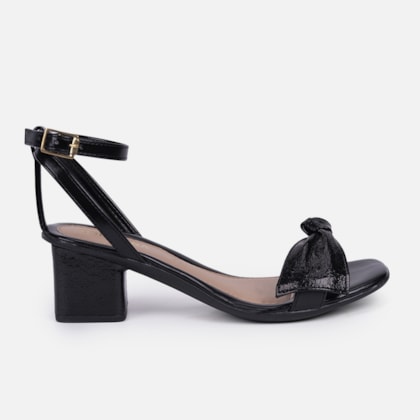 Sandália Feminina Salto Bloco Laço Com Textura Brilhante Moda Preta
