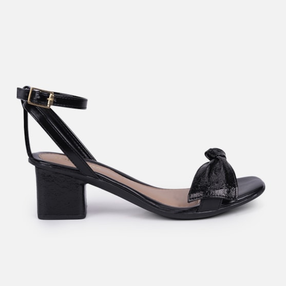 Sandália Feminina Salto Bloco Laço Com Textura Brilhante Moda Preta