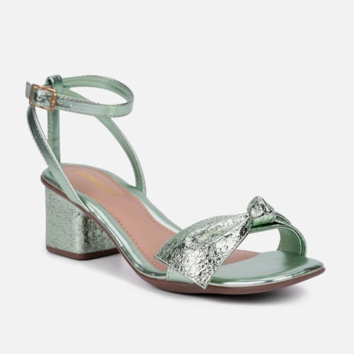 Sandália Feminina Salto Bloco Laço Com Textura Brilhante Moda Verde