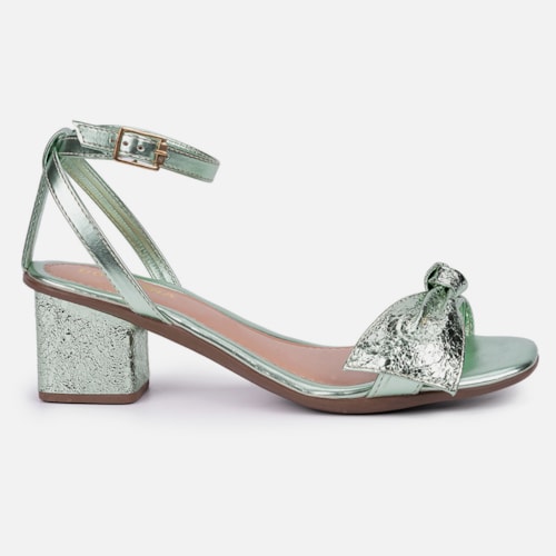 Sandália Feminina Salto Bloco Laço Com Textura Brilhante Moda Verde