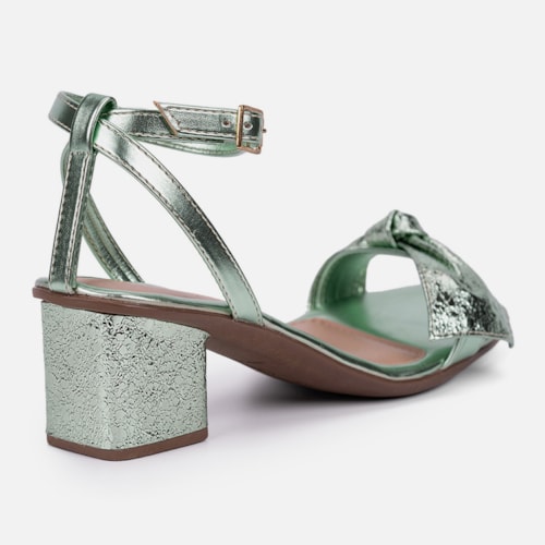 Sandália Feminina Salto Bloco Laço Com Textura Brilhante Moda Verde