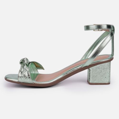 Sandália Feminina Salto Bloco Laço Com Textura Brilhante Moda Verde