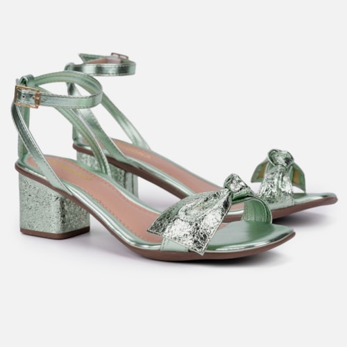 Sandália Feminina Salto Bloco Laço Com Textura Brilhante Moda Verde