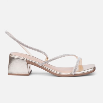 Sandália Feminina Salto Bloco Médio E Tiras De Strass Dourada