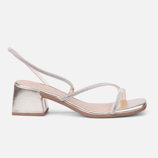 Sandália Feminina Salto Bloco Médio E Tiras De Strass Dourada