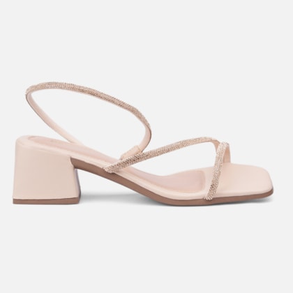 Sandália Feminina Salto Bloco Médio E Tiras De Strass Nude