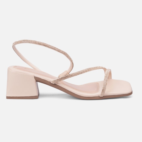 Sandália Feminina Salto Bloco Médio E Tiras De Strass Nude