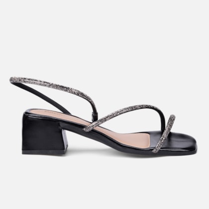 Sandália Feminina Salto Bloco Médio E Tiras De Strass Preta