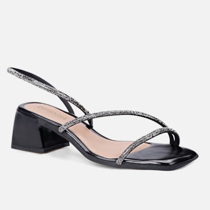 Segunda imagem do produto Sandália Feminina Salto Bloco Médio E Tiras De Strass Preta