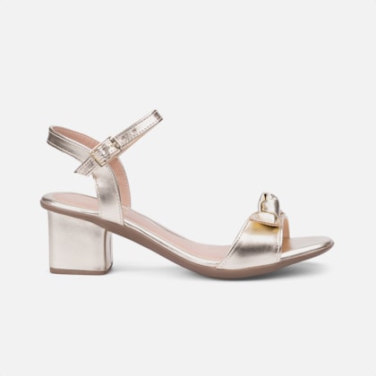 Sandália Feminina Salto Bloco Tira Com Laço Bico Redondo Dourada