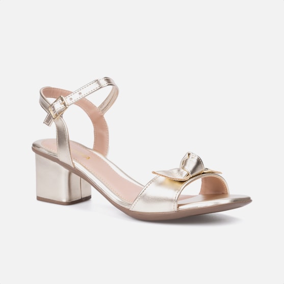 Segunda imagem do produto Sandália Feminina Salto Bloco Tira Com Laço Bico Redondo Dourada