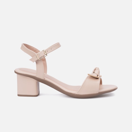 Sandália Feminina Salto Bloco Tira Com Laço Bico Redondo Nude