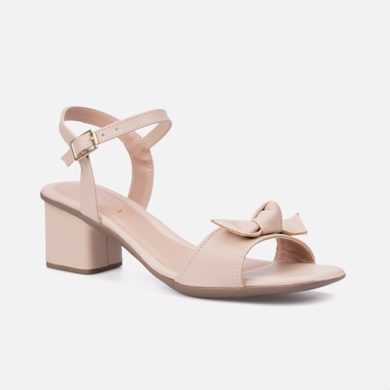 Segunda imagem do produto Sandália Feminina Salto Bloco Tira Com Laço Bico Redondo Nude