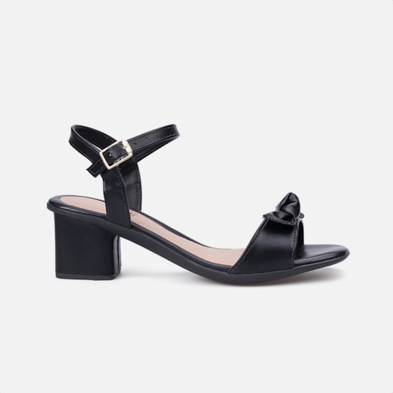 Sandália Feminina Salto Bloco Tira Com Laço Bico Redondo Preta
