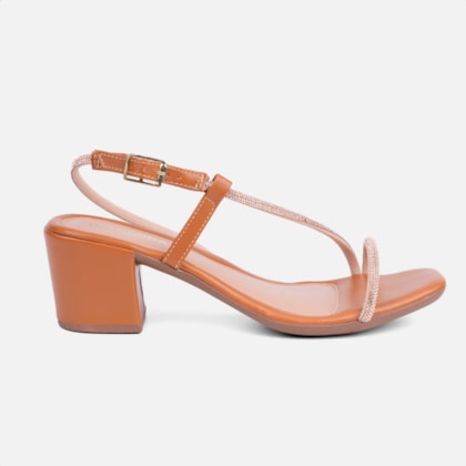 Sandália Feminina Salto Bloco Tira De Strass Curva Luxo Marrom