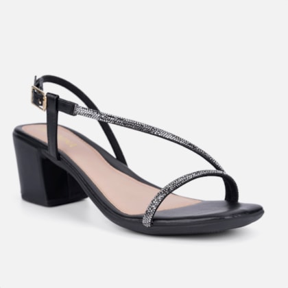 Segunda imagem do produto Sandália Feminina Salto Bloco Tira De Strass Curva Luxo Preta